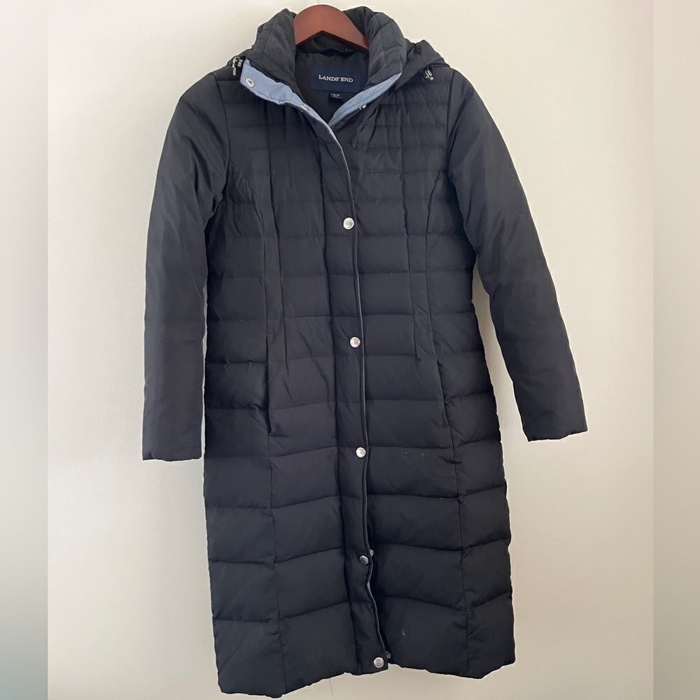 LANDS END Black Down Long Puffer Coat | Size XS